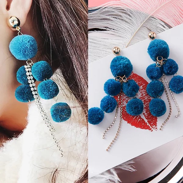 Luxury Fur Ball Crystal Long Pendant Earrings