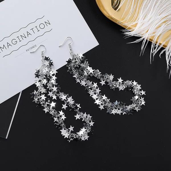 Silver Shining Multi Stars Tassel Dangle Earrings