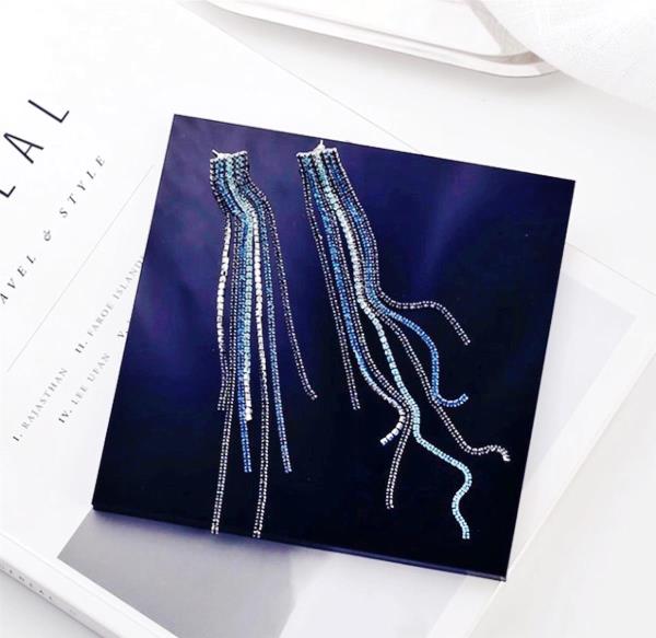 Gradient Blue Mermaid Full Crystal Tassel Earrings