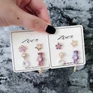 2 Pairs Crystal Cartoon Bear Studs Earrings