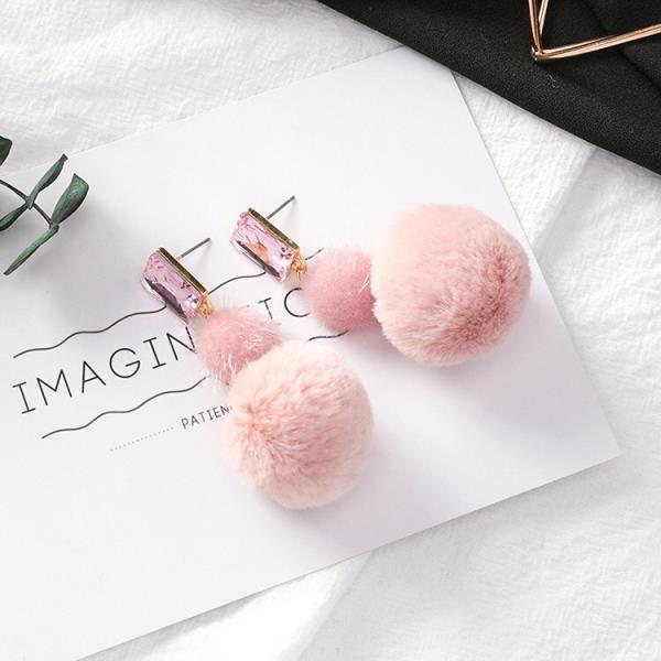 Pink Crystal Pom Fur Ball Tassel Earrings