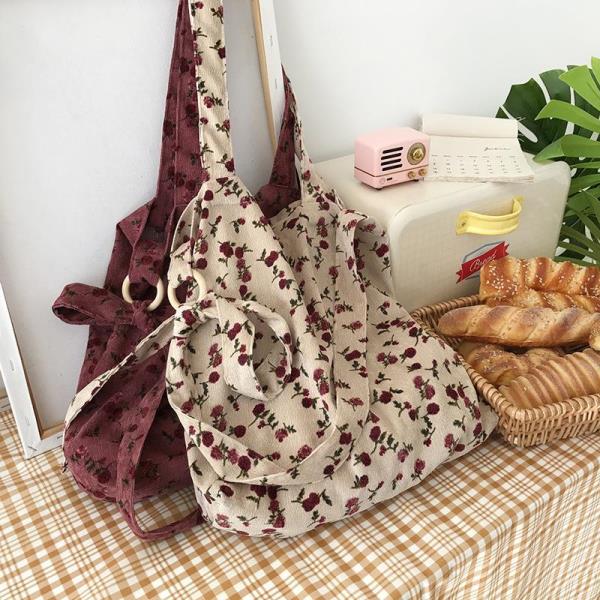 Retro Vintage Corduroy Flower Tote