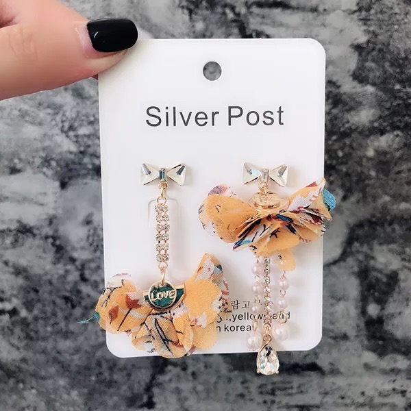 Chiffon Flower Crystal Long Dangle Earrings