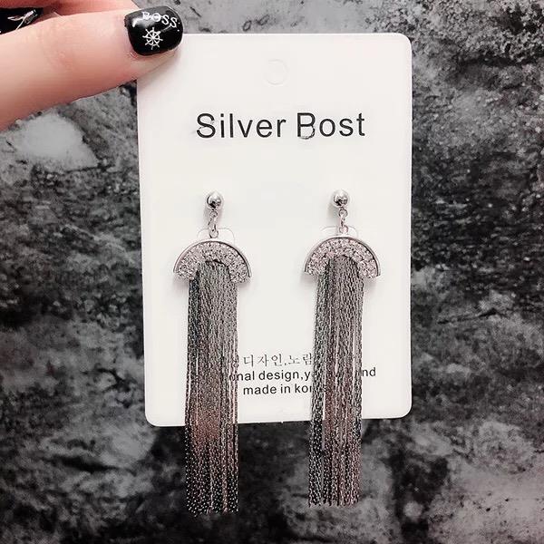 Crystal Fan Metal Tassel Long Dangle Earrings