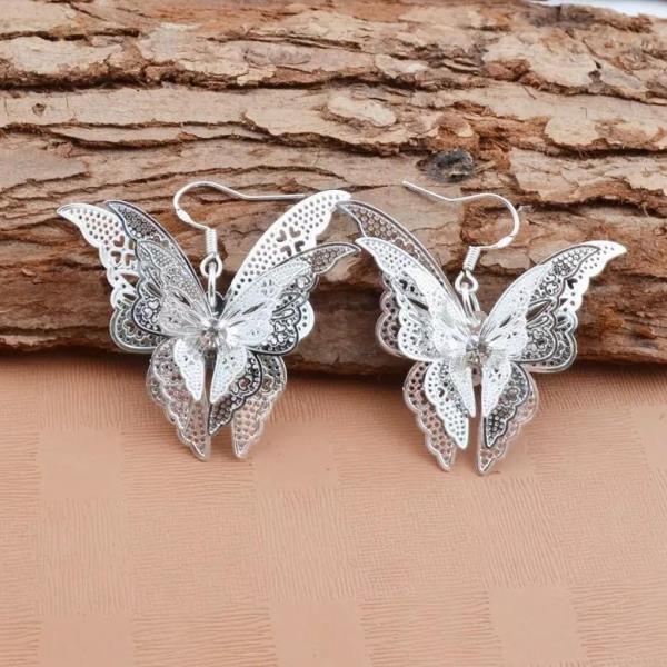 Silver 3D Hollow Butterfly Dangle Earrings