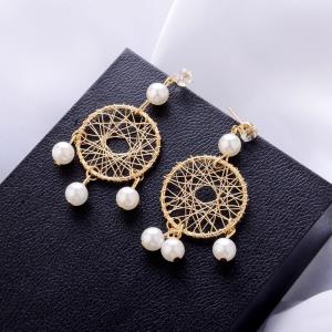 Shiny Gold Woven Pearl Wheel Drop Earrings