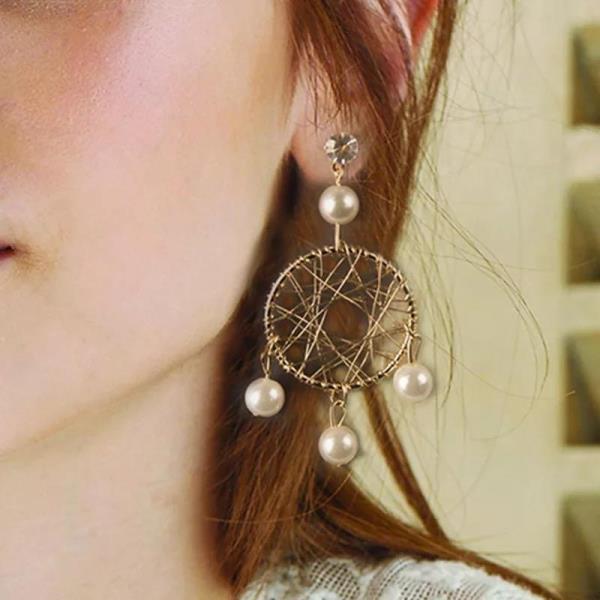 Gold Pearl Dream Catcher Dangle Earrings