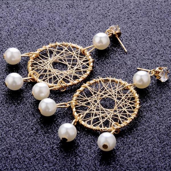 Gold Pearl Dream Catcher Dangle Earrings