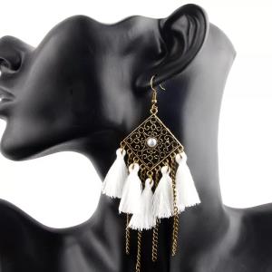 White Enamel Flower Rhinestone Tassel Earrings