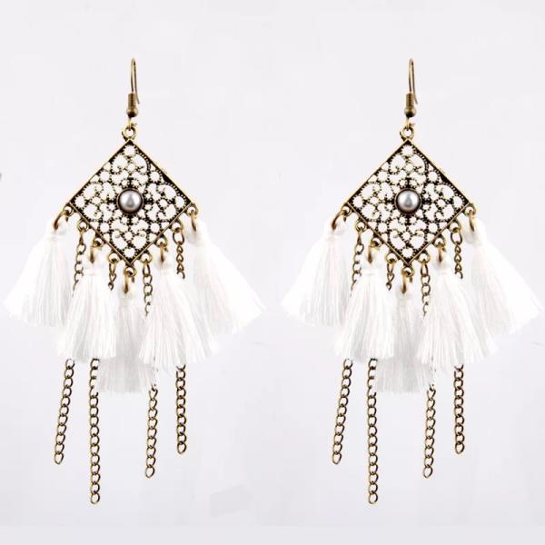 Bohemian Hollow White Thread Tassel Earrings