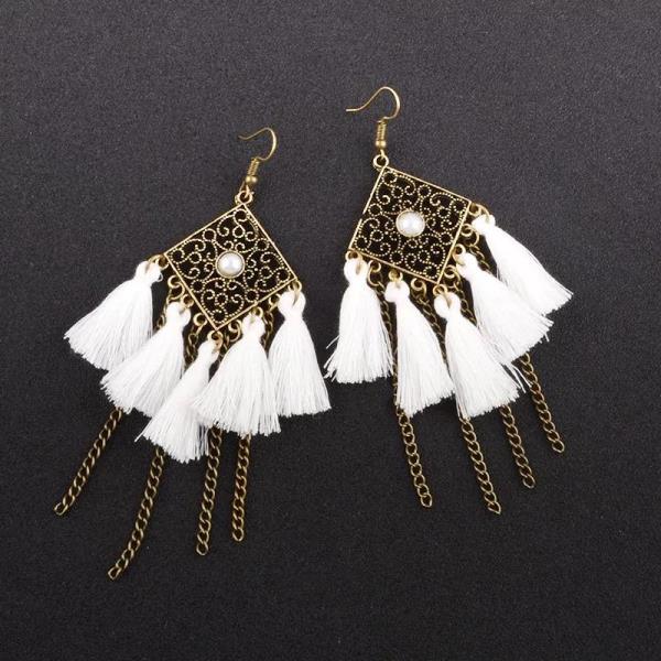 Bohemian Hollow White Thread Tassel Earrings