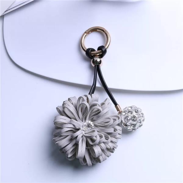 Grey Leather Tassel Flower Keyring