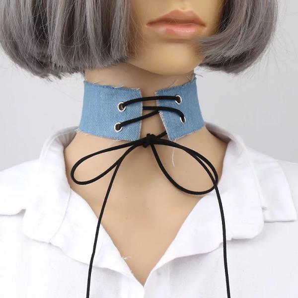 Jean Denim Bow Wide Collar Choker