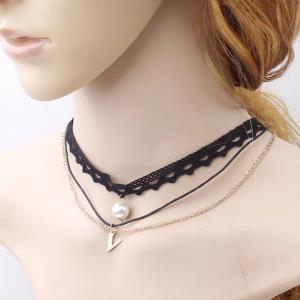 Black Double Layer Pearl Pendant Choker