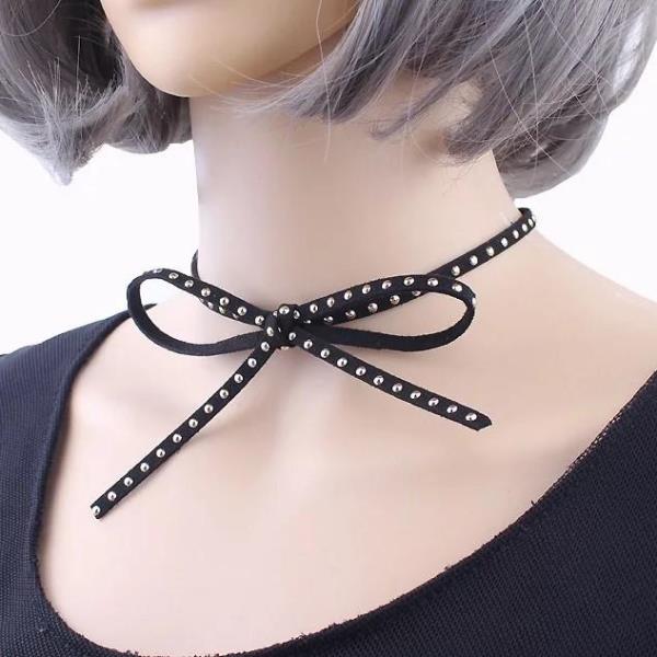 Black Rivet Leather Bow Choker