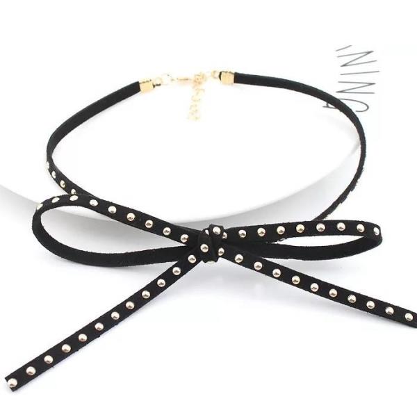 Black Rivet Leather Bow Choker