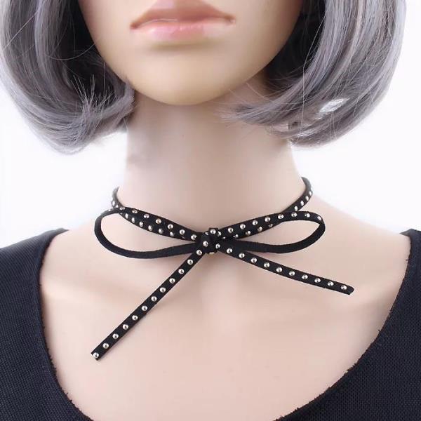 Black Rivet Leather Bow Choker