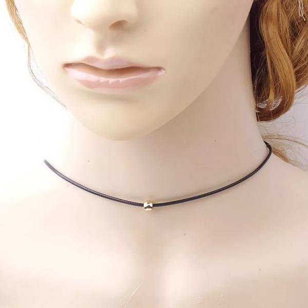 Gold Bead on Black Leather Choker