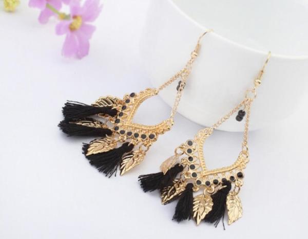 Bohemian Gold Leaf Tassel Long Drop Earrings