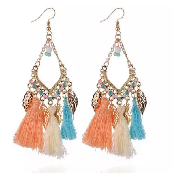 Bohemian Gold Leaf Tassel Long Drop Earrings