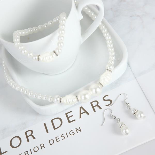 White Pearl Necklace Earrings Bracelet Set