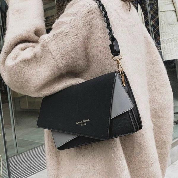 Black Asymmetry Shape Flap Crossbody Bag