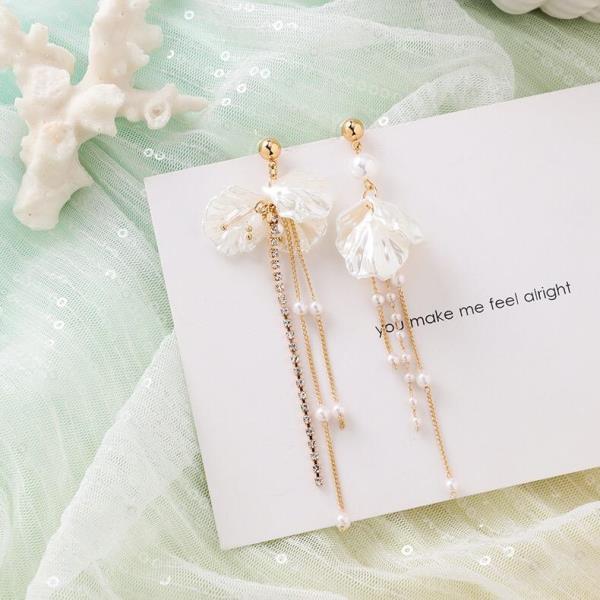 Fairy White Flower Pearl Tassel Dangle Earrings