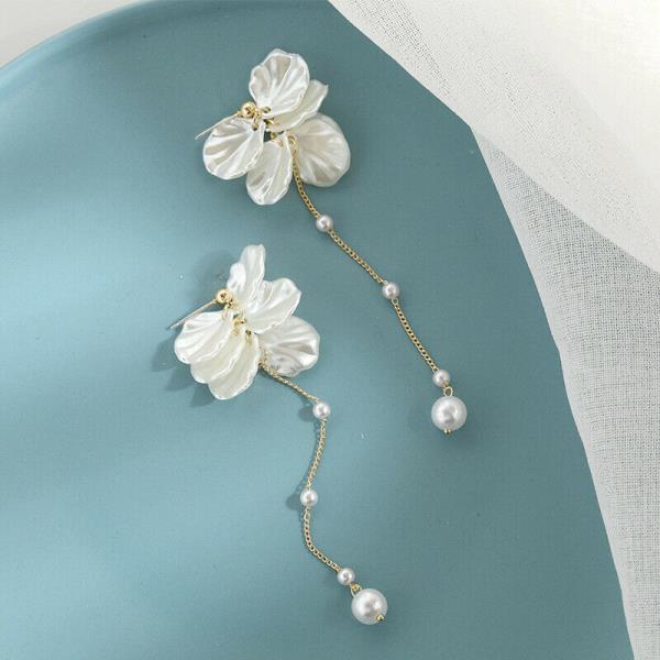 Fairy White Flower Pearl Tassel Dangle Earrings