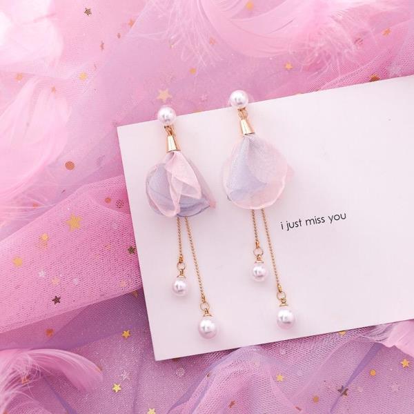 Fairy Pink Flower Pearl Lace Dangle Earrings