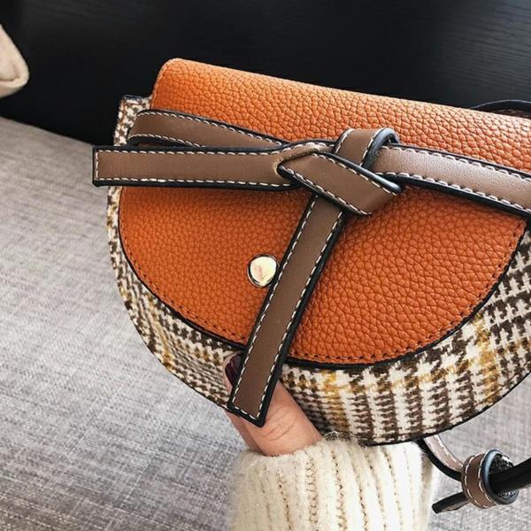 Brown Tartan Crossbody Saddle Bag