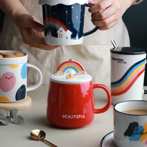 Cartoon Rainbow Ceramic Mug With Lid Spoon