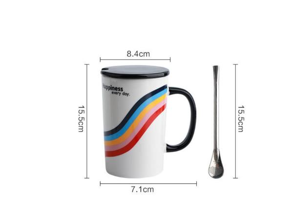 Cartoon Rainbow Ceramic Mug With Lid Spoon