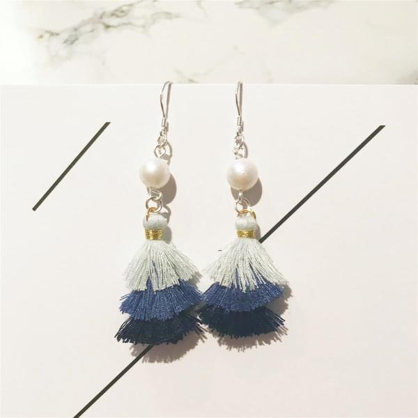 Sweet Blue Flower Tassel Long Drop Earrings