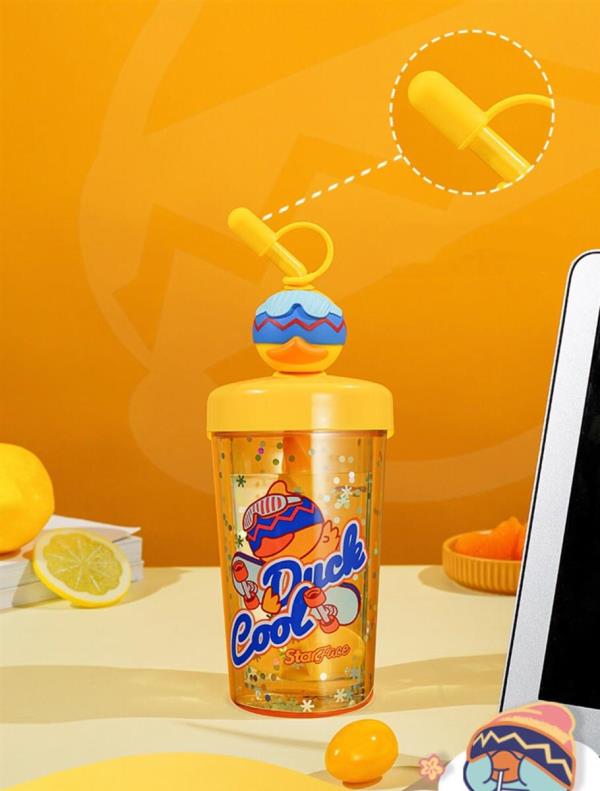 Cute Cartoon Duck Stir Mix Straw Water Bottle