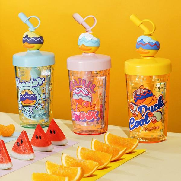 Cute Cartoon Duck Stir Mix Straw Water Bottle