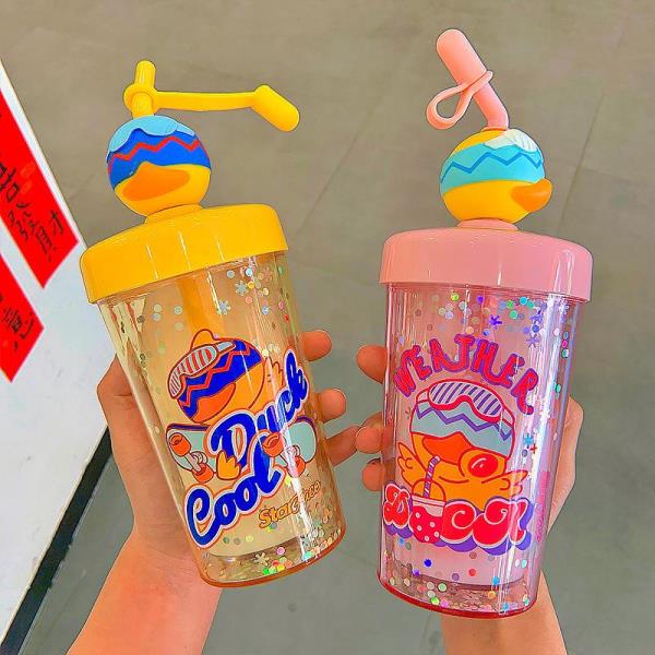 Cute Cartoon Duck Stir Mix Straw Water Bottle