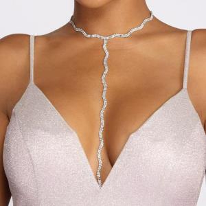 Rhinestone Wave Necklace Chest Chain