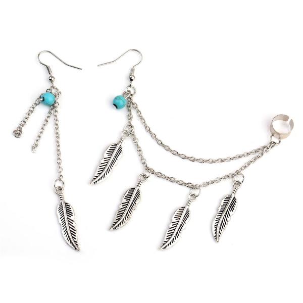 Bohemian Silver Turquoise Feather Earrings