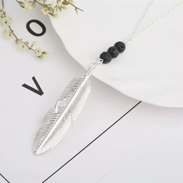 Volcano Stone Metal Feather Pendant Necklace