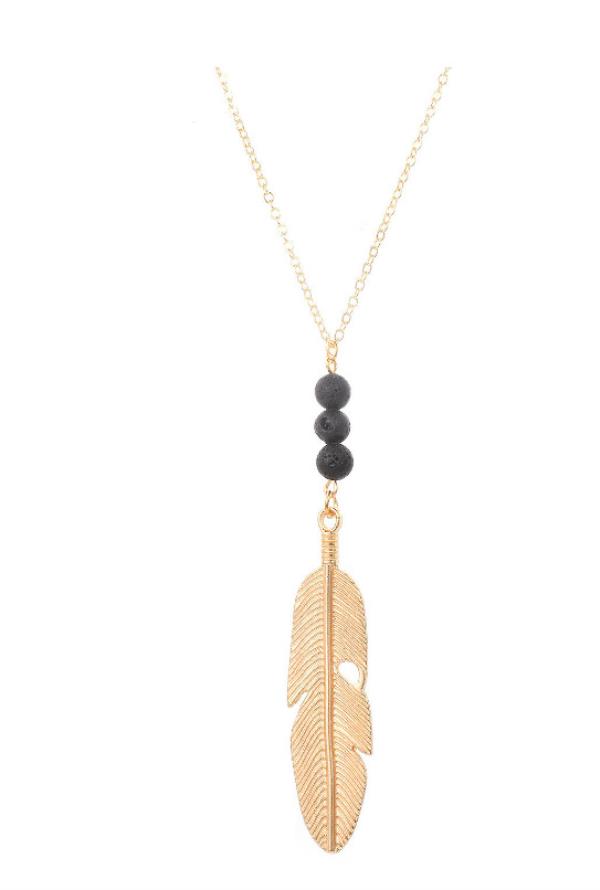 Volcano Stone Metal Feather Pendant Necklace