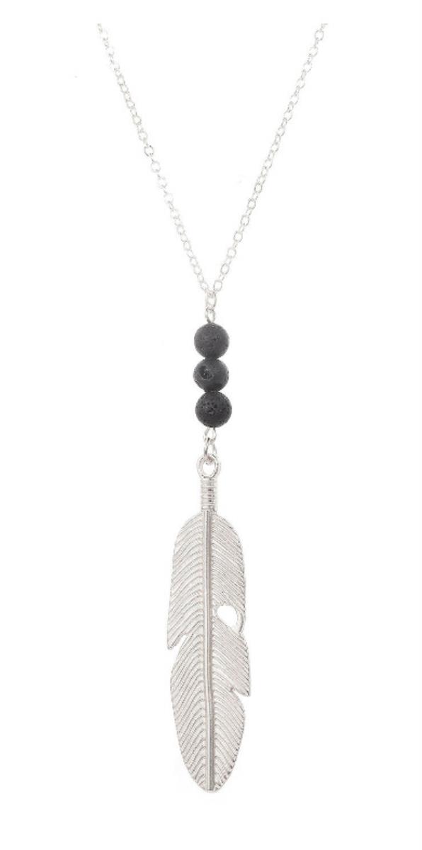 Volcano Stone Metal Feather Pendant Necklace