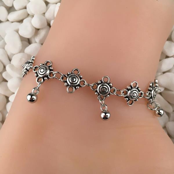 Bohemian Carved Silver Beads Anklet